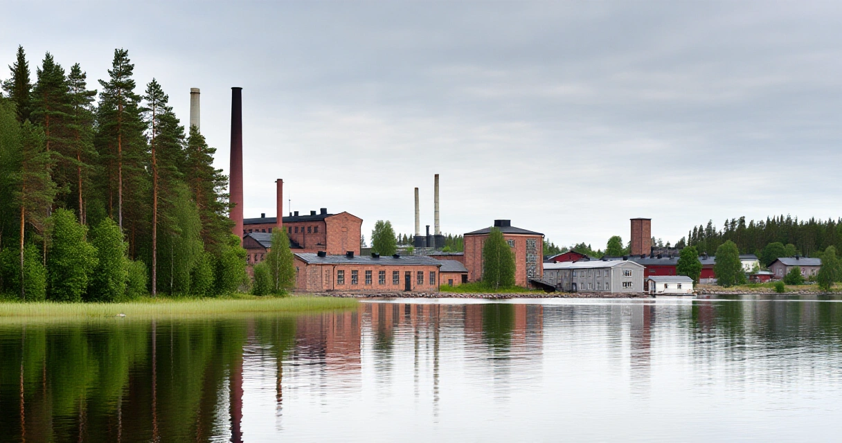 Suomalainen järvikaupunki kesällä, vanhat tehdaskiinteistöt veden äärellä Pohjois-Savossa