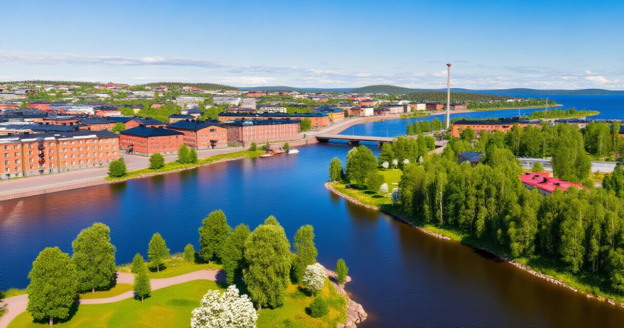Pohjoissuomalainen kaupunki kesällä, joki ja viheralueet ilmasta kuvattuna