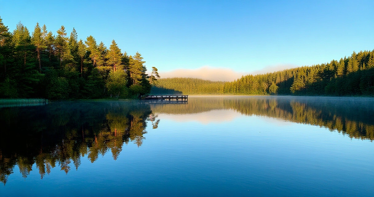 Kesäinen järvimaisema Saimaan rannalla aurinkoisena aamuna