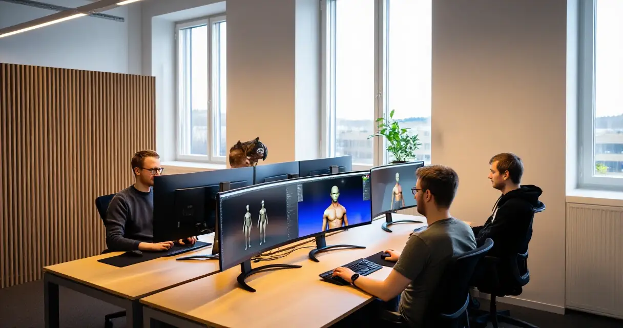 Pelikehitt&auml;ji&auml; ty&ouml;ss&auml; modernissa suomalaisessa pelistudiossa Espoossa