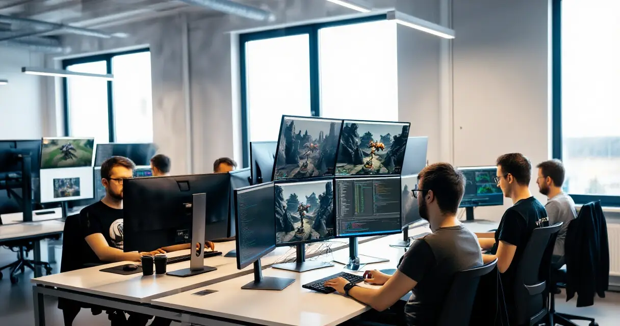 Pelikehittäjiä työskentelemässä studiossa, taustalla suuria monitoreja ja peliasseteja