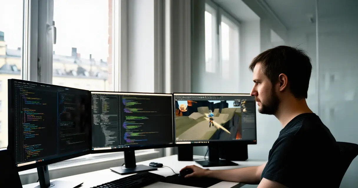 Pelikehittäjä työskentelee tietokoneella Suomalaisessa pelistudiossa