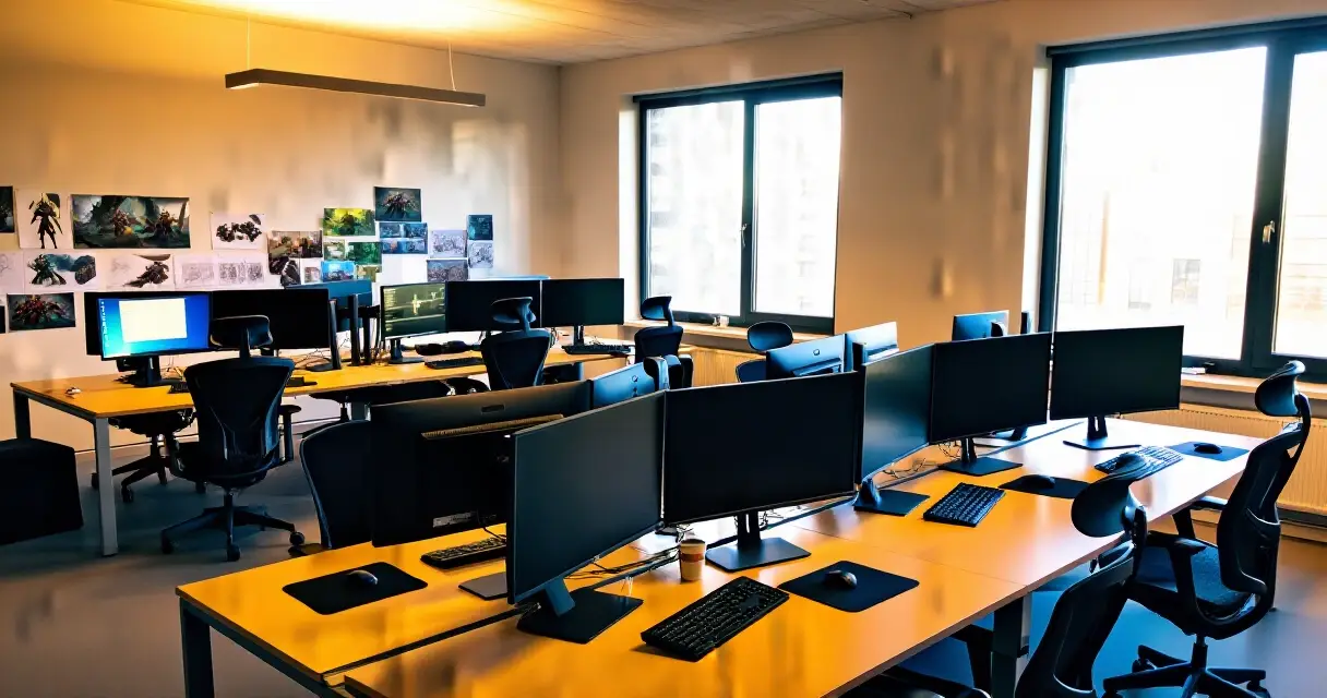 Pelialan studio &ndash; avokonttori kehitysty&ouml;asemineen ja konseptitaidetta seinill&auml;