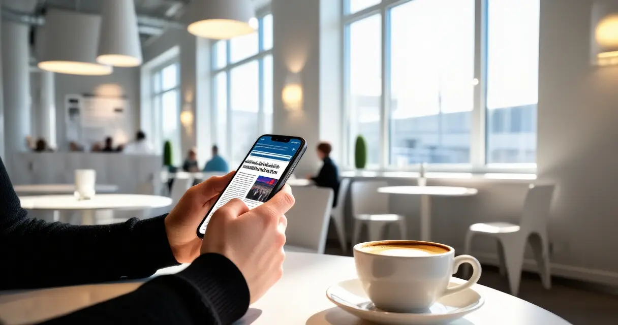 Henkilö lukee digi uutiset mobiililaitteelta suomalaisessa kahvilassa