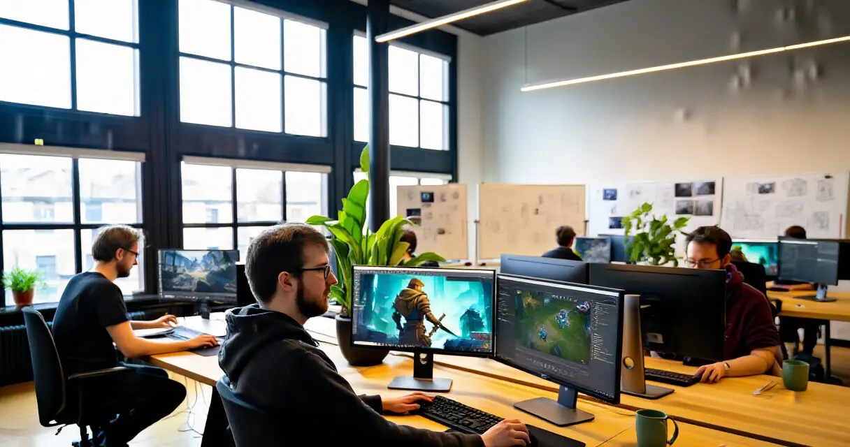 Pelialan kehitt&auml;j&auml; ty&ouml;skentelee modernissa studiossa tietokoneen &auml;&auml;ress&auml;