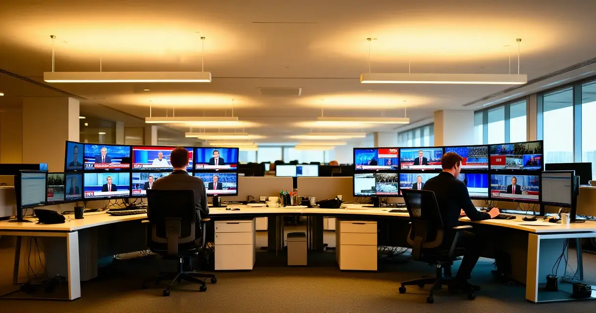 Toimittajia modernissa uutistoimituksessa seuraamassa tv-uutislähetyksiä