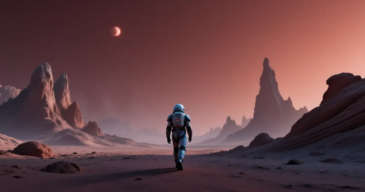 Yksinäinen astronautti vieraalla planeetalla The Alters -pelin hengessä