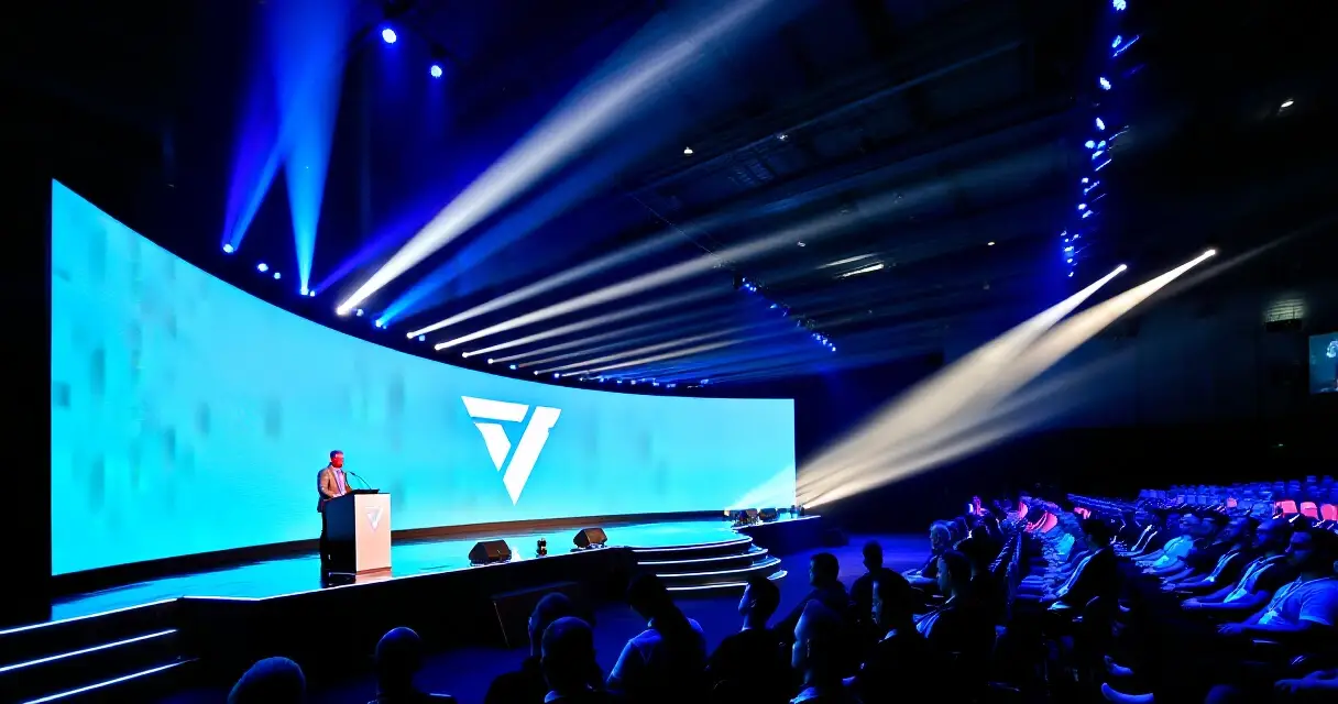 Pelialan konferenssitapahtuma suurella näyttämöllä ja yleisö edessä