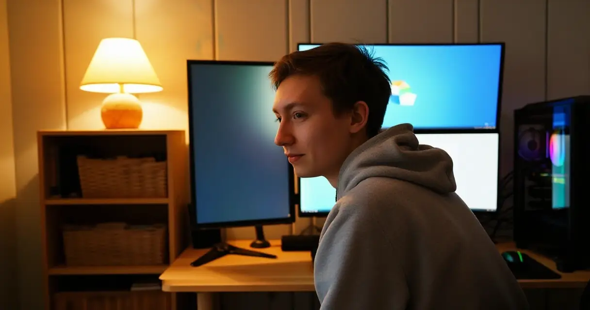 Suomalainen pelaaja pelaamassa PC-pelejä kotona pimeällä