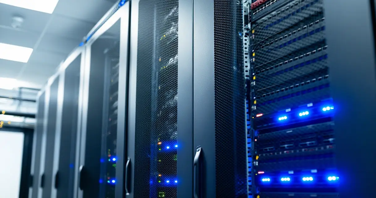 Eurooppalainen datakeskus, palvelinräkit ja verkkokytkimet sinisine LED-valoineen