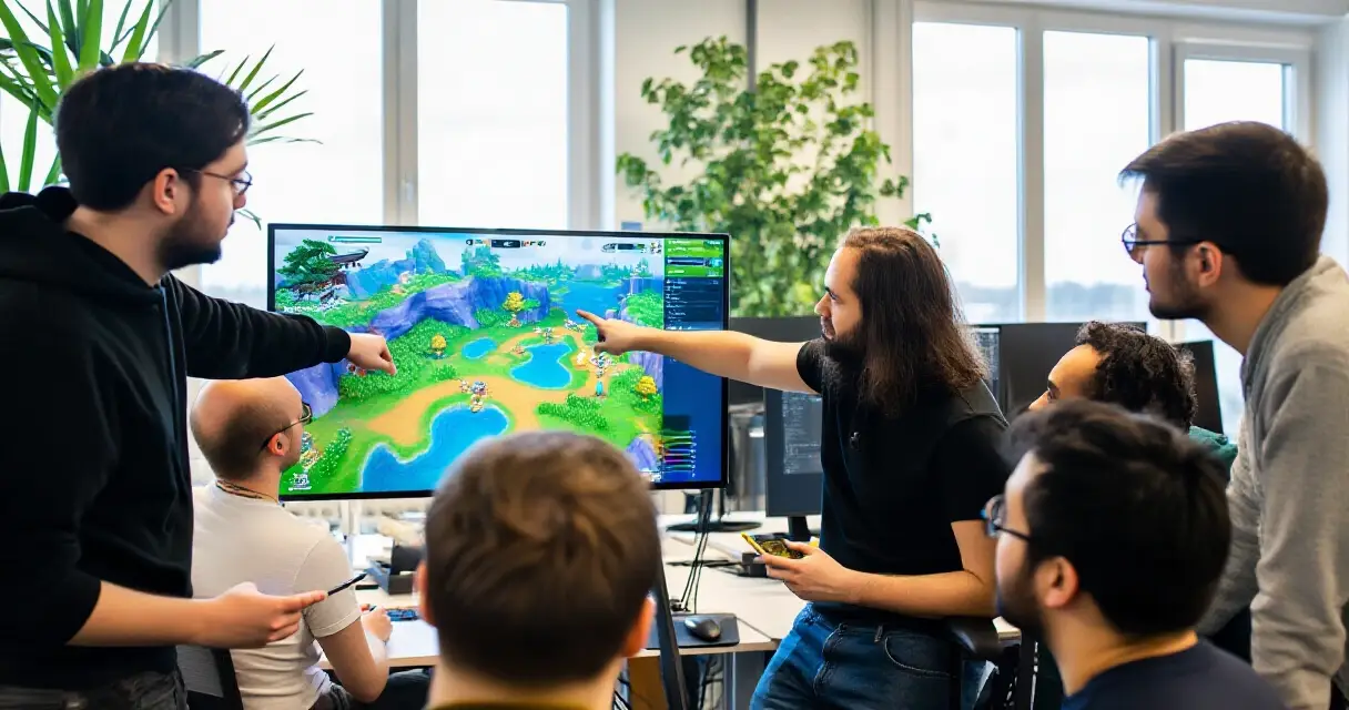 Pelistudion kehitt&auml;j&auml;tiimi tarkastelee peli&auml; yhdess&auml; moderneissa toimistotiloissa