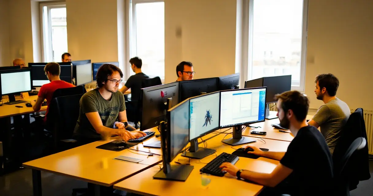 Pelistudion kehittäjät työskentelevät avoimessa toimistossa