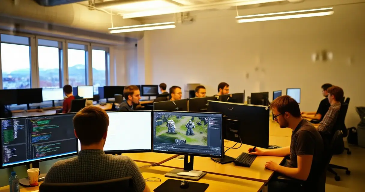 Pelistudion kehitt&auml;j&auml;tiimi ty&ouml;skentelee tietokoneiden &auml;&auml;ress&auml; iltavalossa