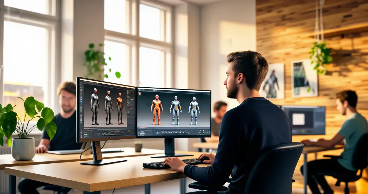 Nuori pelialan kesätyöntekijä työskentelee 3D-mallien parissa pelistudiossa