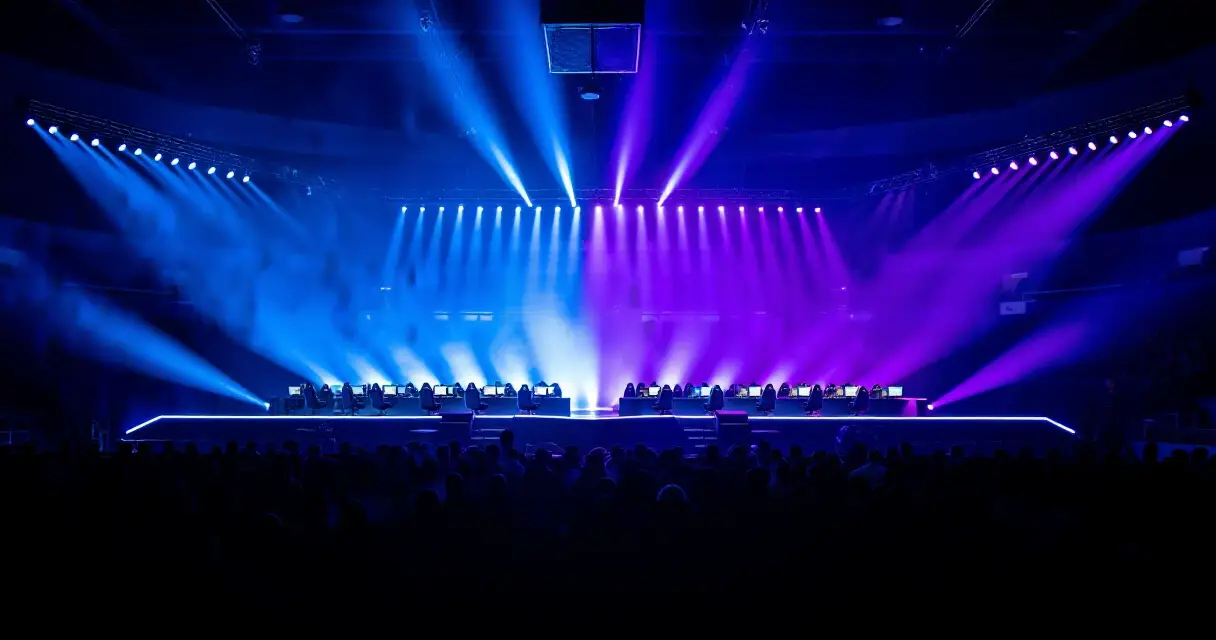 E-urheiluturnauksen areena pelipisteineen ja valaistuksineen