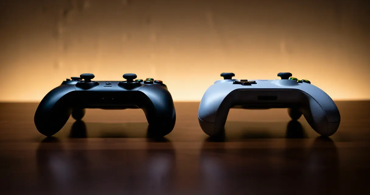 PlayStation DualSense ja Xbox-ohjain vierekkäin pöydällä