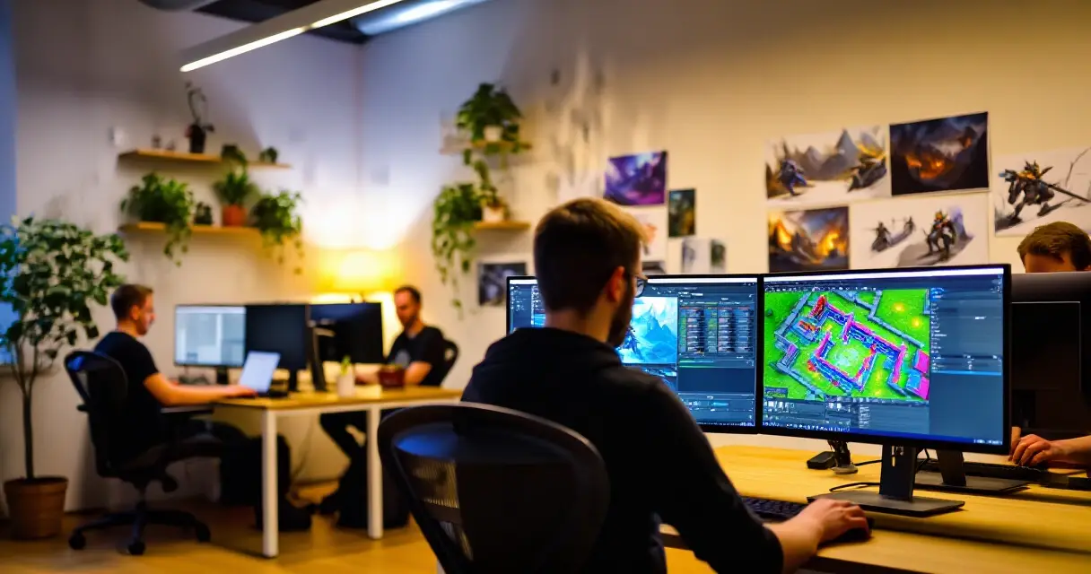 Pelistudion työntekijöitä kehittämässä peliä toimistossa